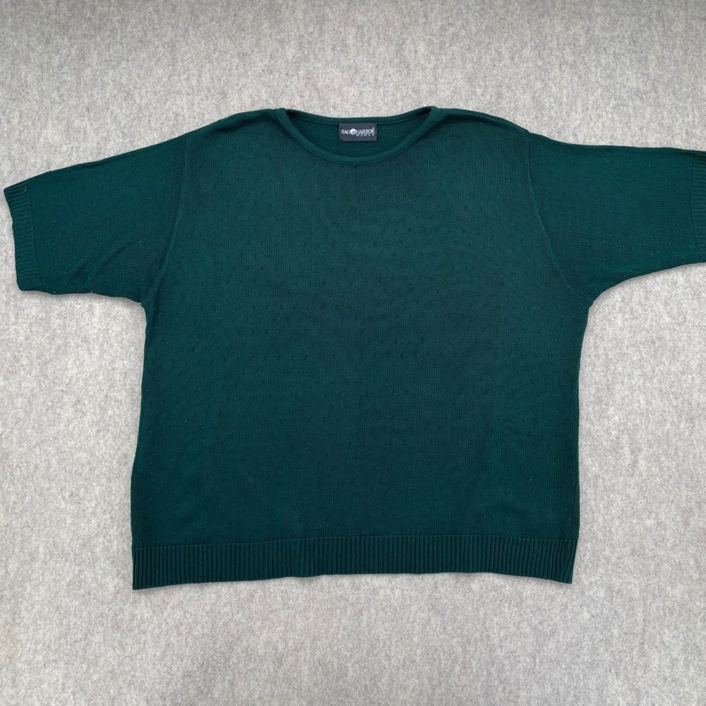 Sag Harbor Woman Forest Green Short Sleeve Knit Sweater Crew Neck Pointelle Top